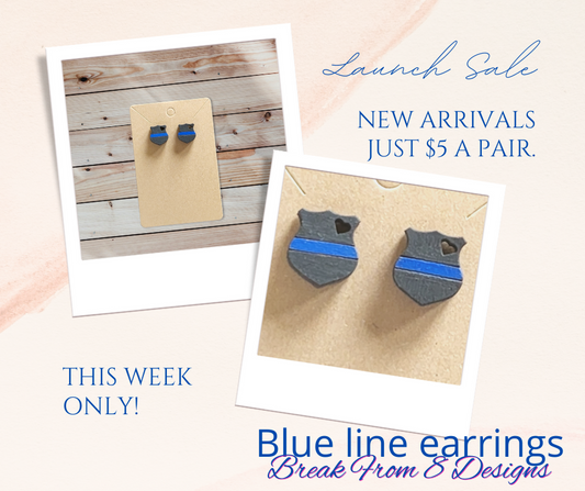Hand painted blue line wooden badge earrings.